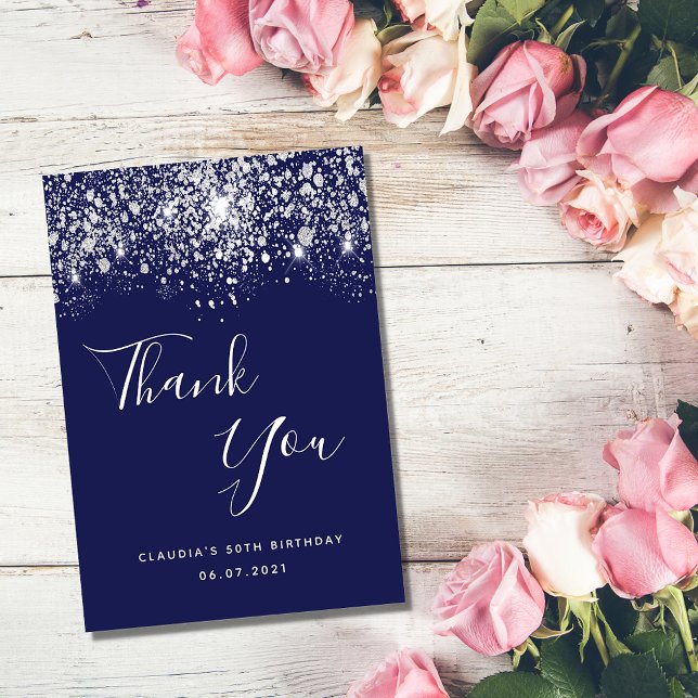 Birthday 50 navy blue silver glitter dust thank you card (Creator Uploaded)