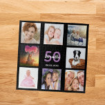 Birthday 50 photo collage black woman jigsaw puzzle<br><div class="desc">A gift for a woman's 50th (or any age) birthday,  celebrating her life with a collage of 8 of your photos.  Templates for a name,  age 50 and a date.  Date of birth or the date of the anniversary.  Purple and white colored letters. Chic black background color.</div>