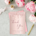 Birthday 50 rose gold glitter drips thank you card<br><div class="desc">A thank you card for a 50th (or any age) birthday. A rose gold coloured background colour. With faux glitter drips, paint drip look. On front large dark rose gold coloured hand lettered script and the text: Thank You, your text, title and a date. Back: Template for Your thank you...</div>