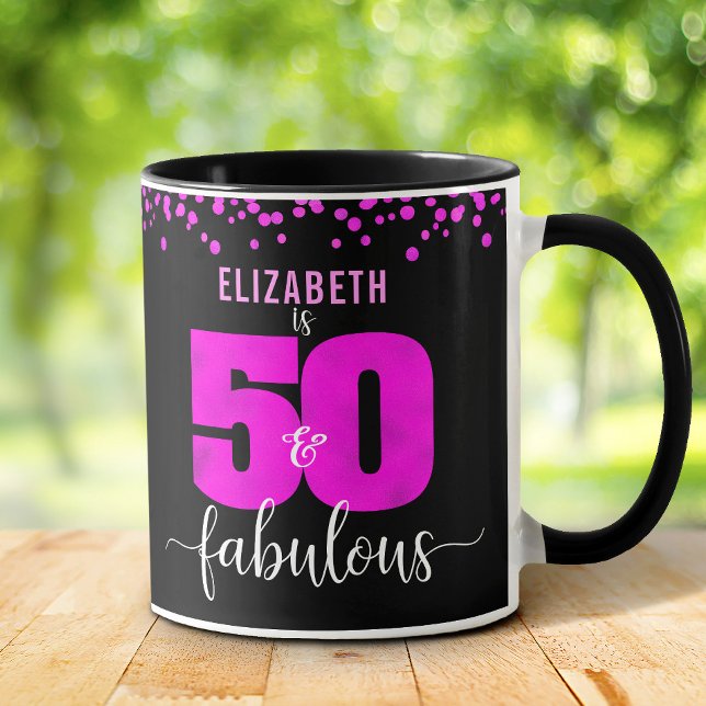 Birthday 50th fabulous hot pink foil dots black mug (Creator Uploaded)