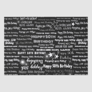 Birthday 50th or Any Age White Fonts Blk Back Tissue Paper