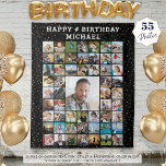Birthday 55 Photo Collage Confetti Custom Colour Tapestry<br><div class="desc">Celebrate any age birthday with a photo collage display printed on a tapestry backdrop utilizing this easy-to-upload template with 55 square pictures of him or her through the years and entertain party guests. The design features gold confetti, your custom text (the sample suggests HAPPY # BIRTHDAY NAME) in your choice...</div>