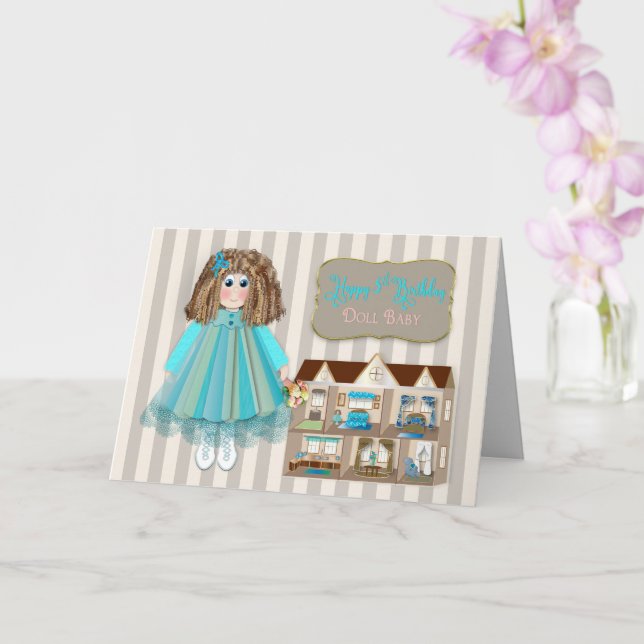 Birthday, 5th For Girls, Doll & Dollhouse Card (Orchid)