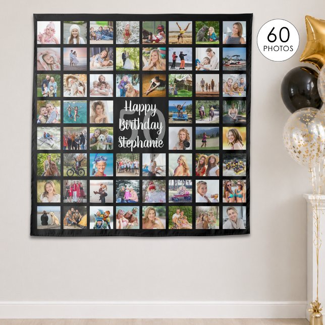 Birthday 60 Photo Collage Personalized Tapestry (Creator Uploaded)