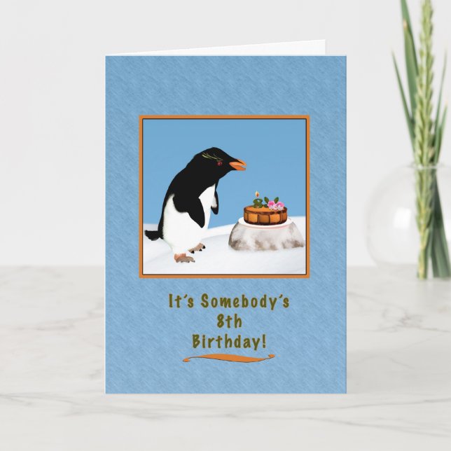 Birthday, 8th, Humourous Penguin and Cake Card (Front)