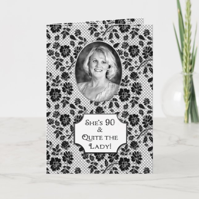 Birthday - 90 - Photo Insert - Black/White Floral Card (Front)