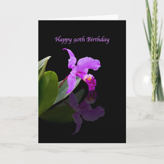 Birthday, 90th, Orchid on Black Card (Front)