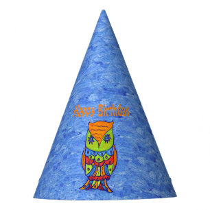 Birthday Abstract Neon Coloured Owl on Blue Party Hat