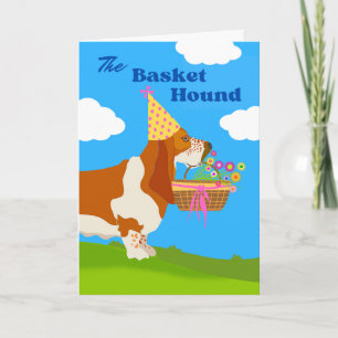 Birthday Adorable Basket Basset Hound with Flowers Card