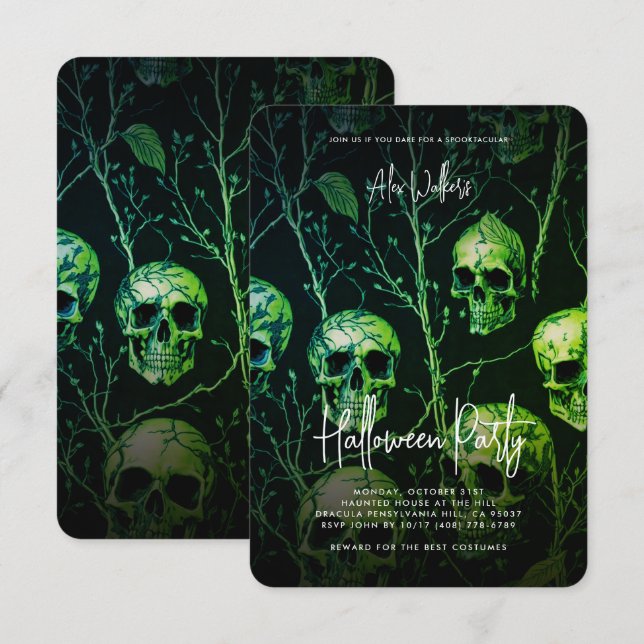 Birthday Adult Halloween Party Haunted Green Skull Invitation (Front/Back)