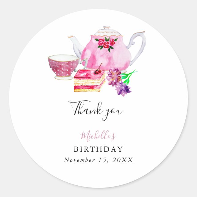 Birthday Afternoon Tea Party Script Elegant Pink Classic Round Sticker (Front)