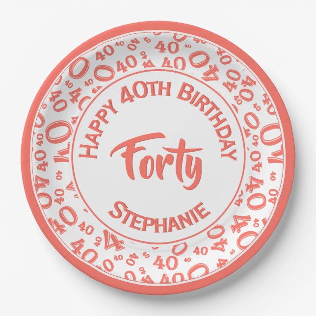 Birthday Age 40 Random Number Pattern Coral/White Paper Plate (Front)