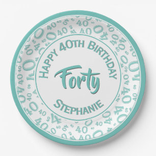 Birthday Age 40 Random Number Pattern Teal/White Paper Plate