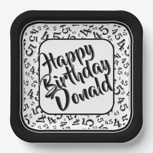 Birthday Age 45 Random Number Pattern Black/White Paper Plate (Front)