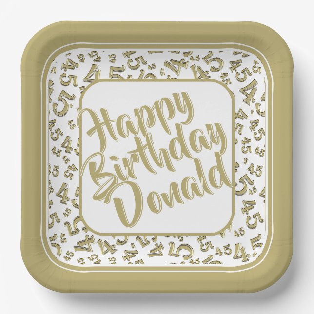 Birthday Age 45 Random Number Pattern Gold/White Paper Plate (Front)
