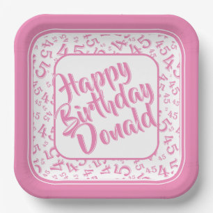Birthday Age 45 Random Number Pattern Pink/White Paper Plate