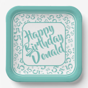 Birthday Age 55 Random Number Pattern Teal/White Paper Plate