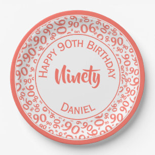 Birthday Age 90 Random Number Pattern Coral/White Paper Plate