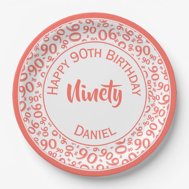 Birthday Age 90 Random Number Pattern Coral/White Paper Plate (Front)
