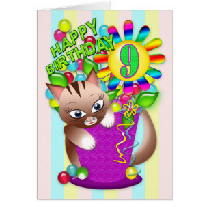 Birthday - Age 9 - Kitty Cat Celebrating