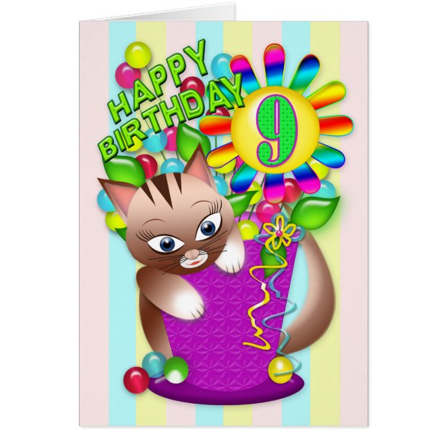 Birthday - Age 9 - Kitty Cat Celebrating (Front)