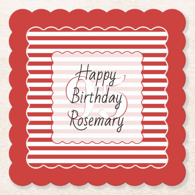Birthday Age Red/White Simple Stripes Pattern Paper Coaster (Front)