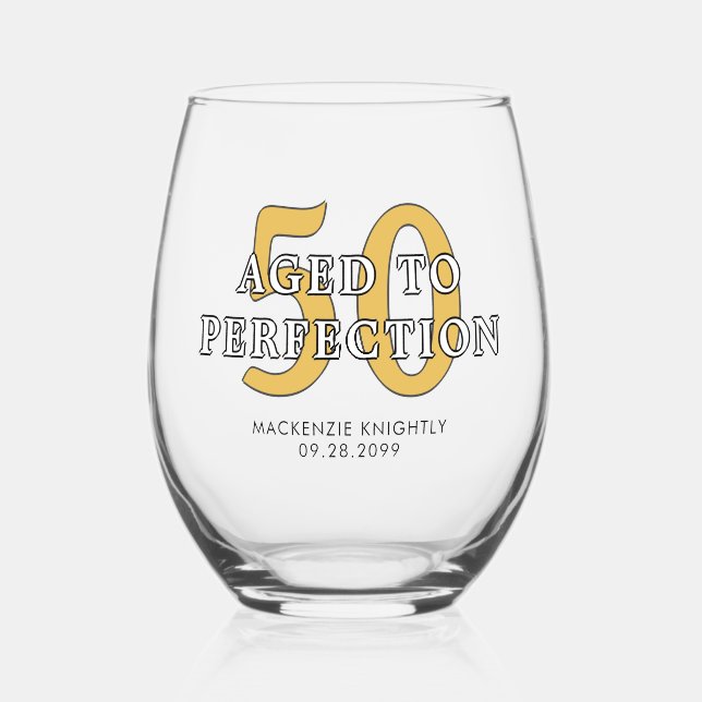 Birthday AGED TO PERFECTION Any Age Personalized Stemless Wine Glass (Front)
