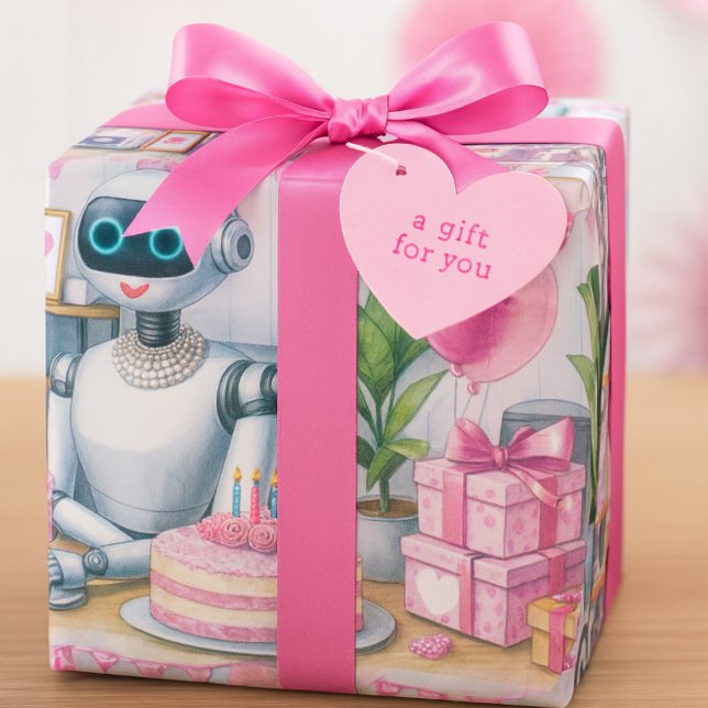 Birthday  Ai Robot Pink Sparkle Balloons  Wrapping Paper (Wrapped in whimsy, this robot-themed birthday gift brings futuristic charm to your celebration.)