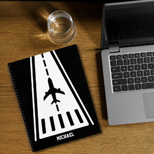 Birthday Airplane Landing Runway Black and White Notebook
