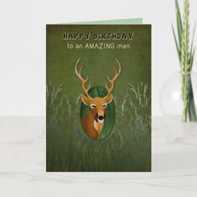 Birthday, Amazing Man, Deer with Antlers in Bush Card (Front)