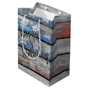 Birthday American Flag on Wood  Medium Gift Bag