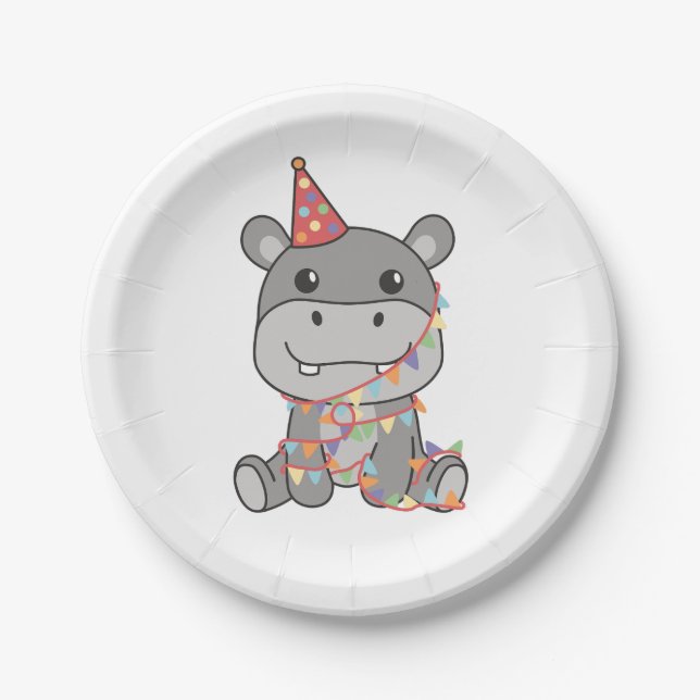 Birthday Animal Cute Hippo for Kids Birthday Party Paper Plate (Front)