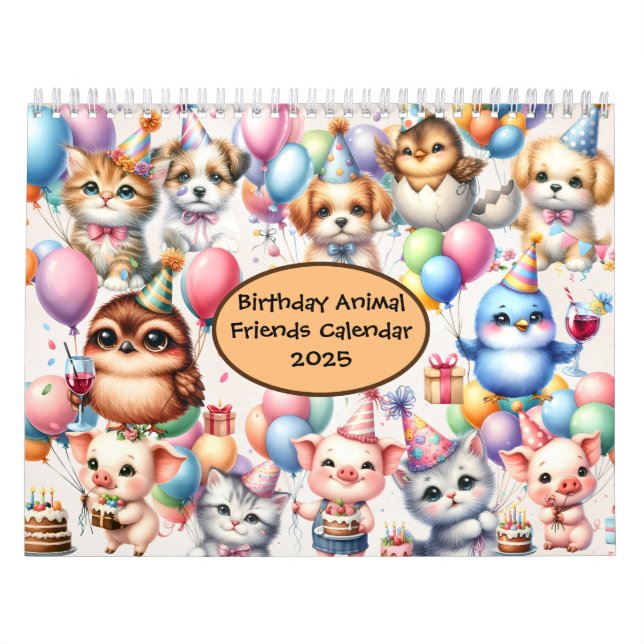 Birthday Animal Friends 2025 Calendar 12 Months (Cover)