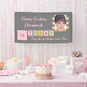 Birthday any age add photo name grey party banner