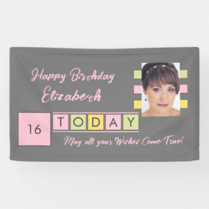 Birthday any age add photo name grey party banner