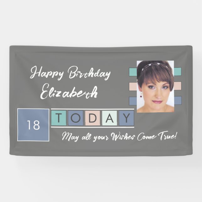 Birthday any age add photo name grey pink banner (Horizontal)