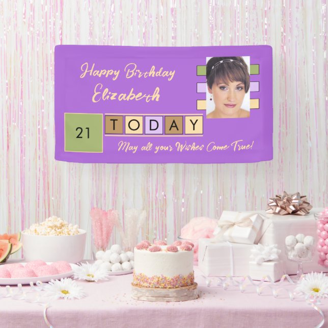 Birthday any age add photo name purple party banner (Party)