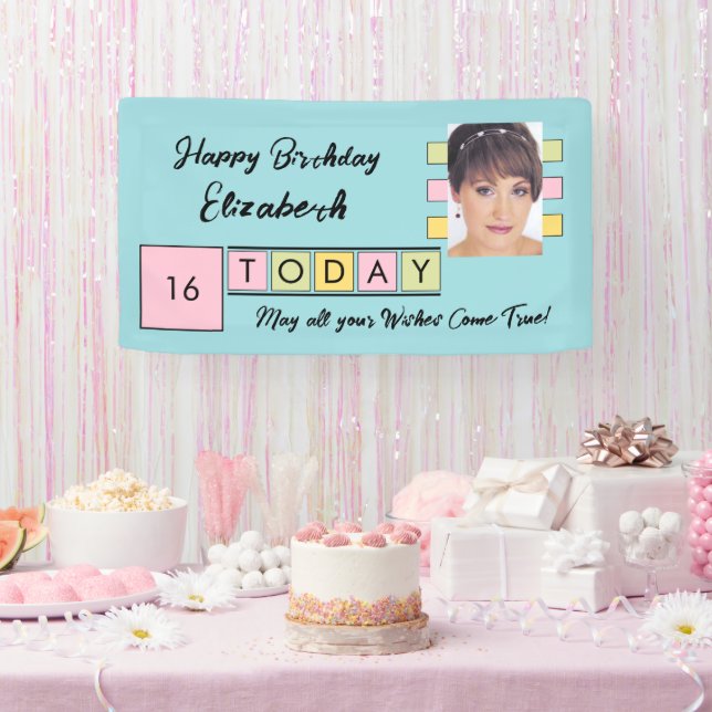 Birthday any age add photo name turquoise party banner (Party)