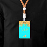 Birthday aqua gold glitter drips monogram vip badge<br><div class="desc">A modern, stylish and glamourous badge for a 21st (or any age) birthday party. Aqua coloured background with faux gold glitter drip, paint dripping look. The name is written with a modern hand lettered style script with swashes. With the text: VIP Number 21 is written in a golden colour. To...</div>