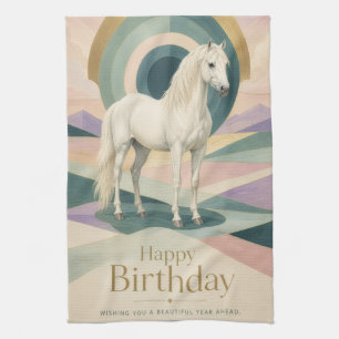 Birthday Art Deco White Horse Geometric Kitchen Towel