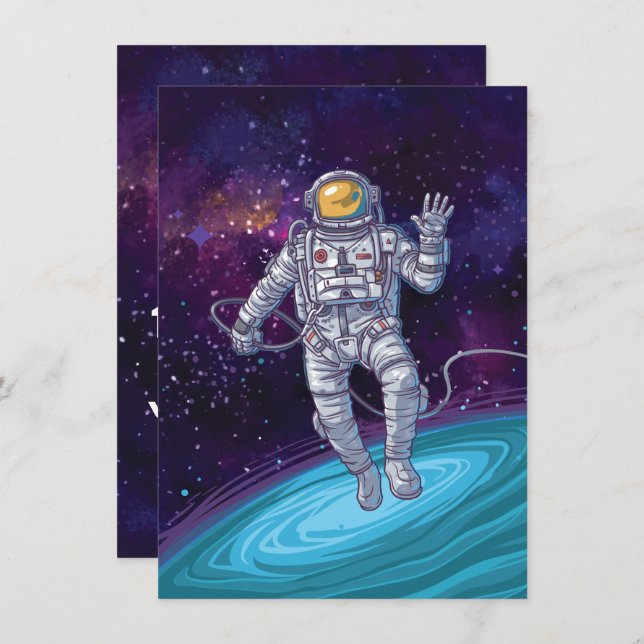 Birthday. Astronaut in Space with Stars & Galaxy. Invitation (Front/Back)