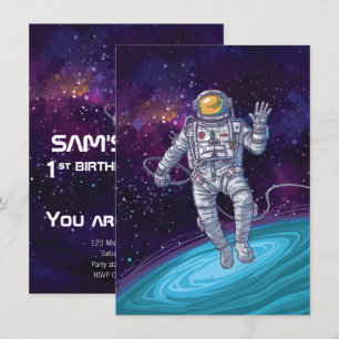 Birthday. Astronaut in Space with Stars & Galaxy. Invitation