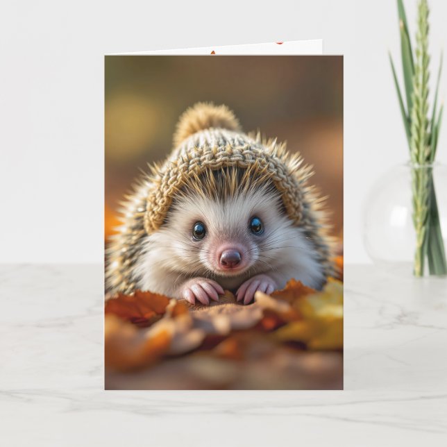 Birthday Autumn Hedgehog With Knitted Cap Card (Front)