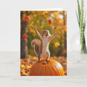 Birthday Autumn Squirrel Tossing Leaves in the Air Card