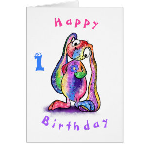 Birthday Baby Card Colourful Bunny with Flower
