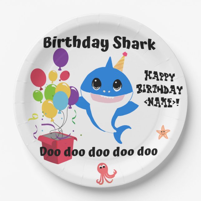 Birthday Baby Shark Party Paper Plate (Front)