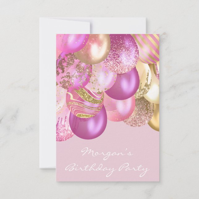 Birthday Baby Shower  pink gold Ballons party Invitation (Back)
