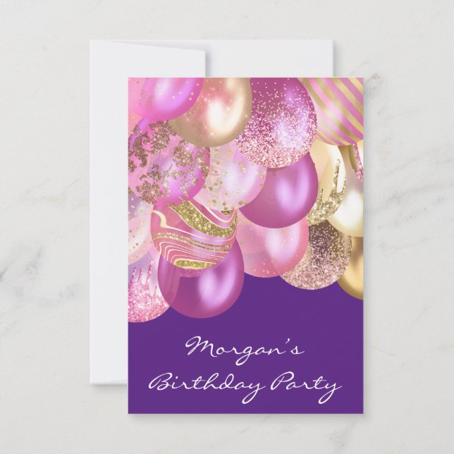 Birthday Baby Shower  pink gold Ballonspurple Invitation (Back)