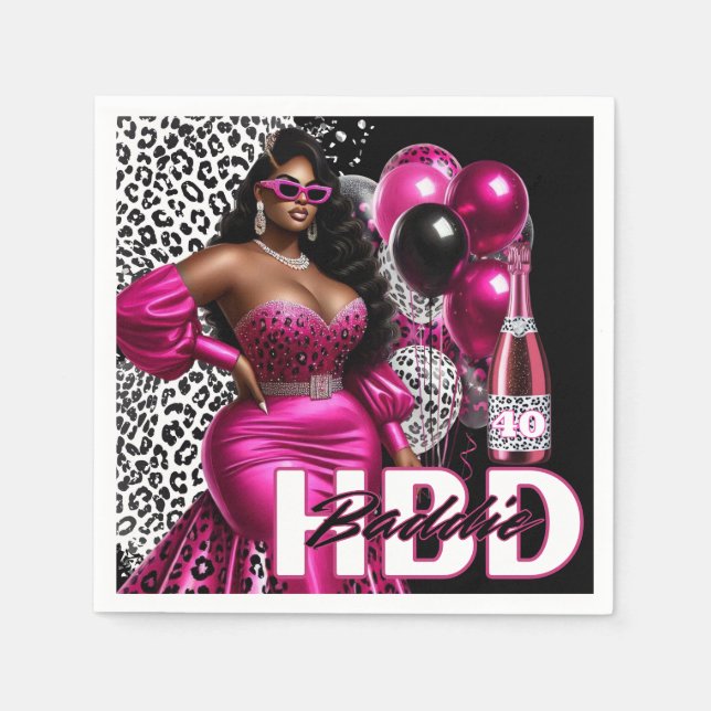 Birthday Baddie Black Woman Pink & Leopard Napkin (Front)