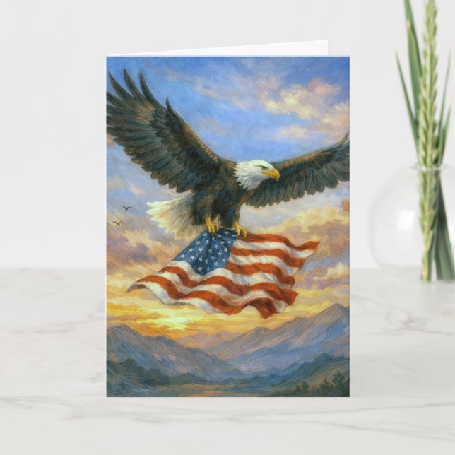 Birthday Bald Eagle With American Flag Card (Front)